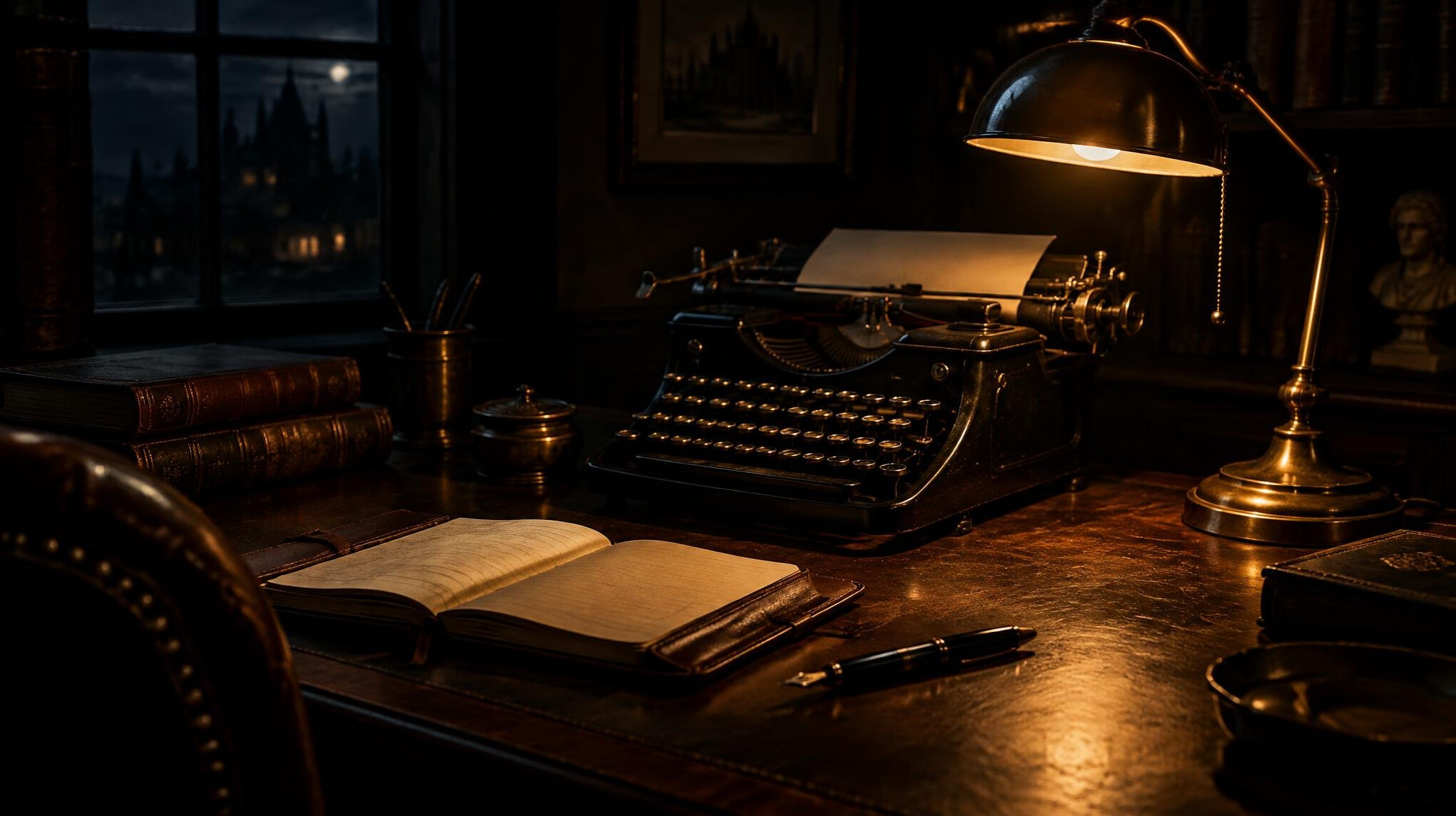 Vintage typewriter and notebook on a wooden writer's desk at night
