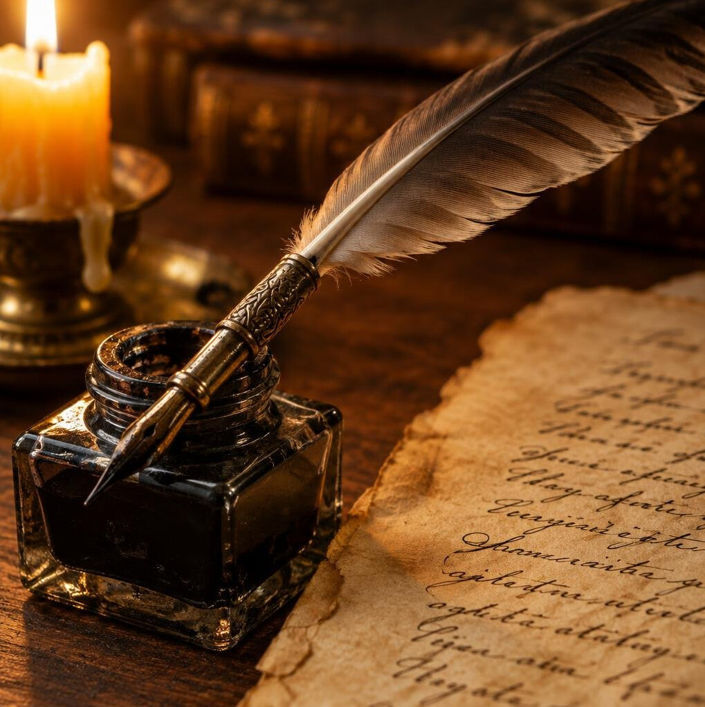 Close-up of a quill pen and inkwell on old paper