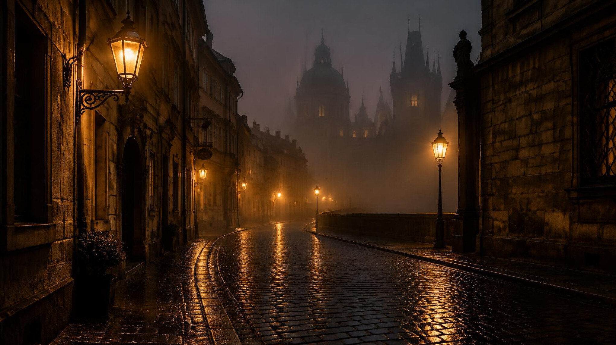 Foggy old European city street at night with cobblestones and lanterns