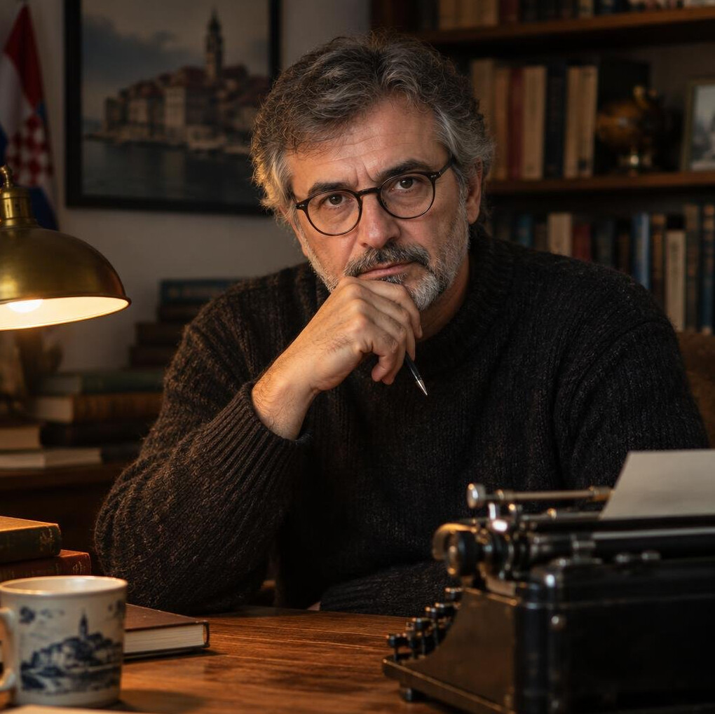 Portrait of a middle-aged Croatian mystery novelist in his study