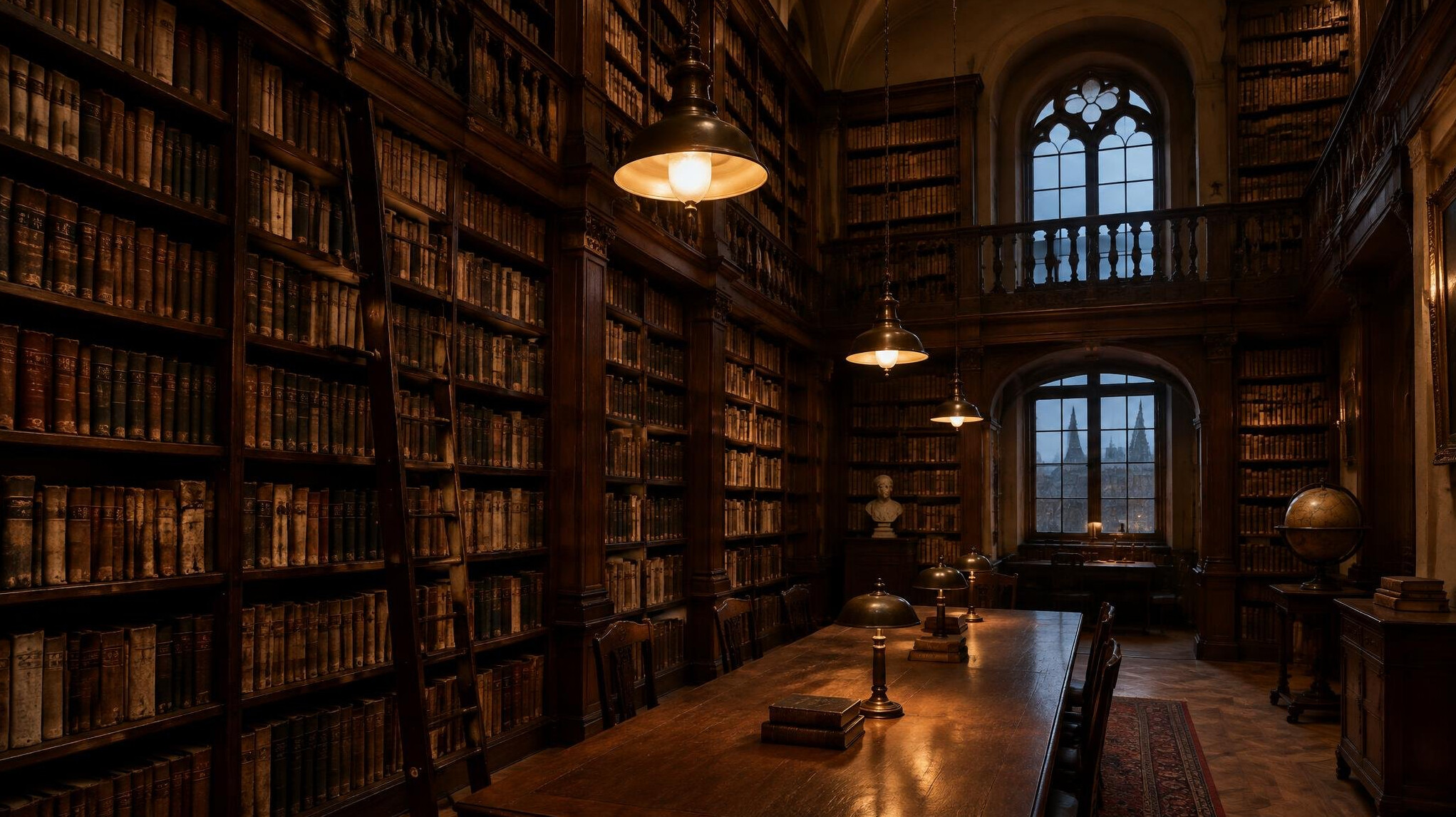Old library with tall wooden bookshelves and warm lighting
